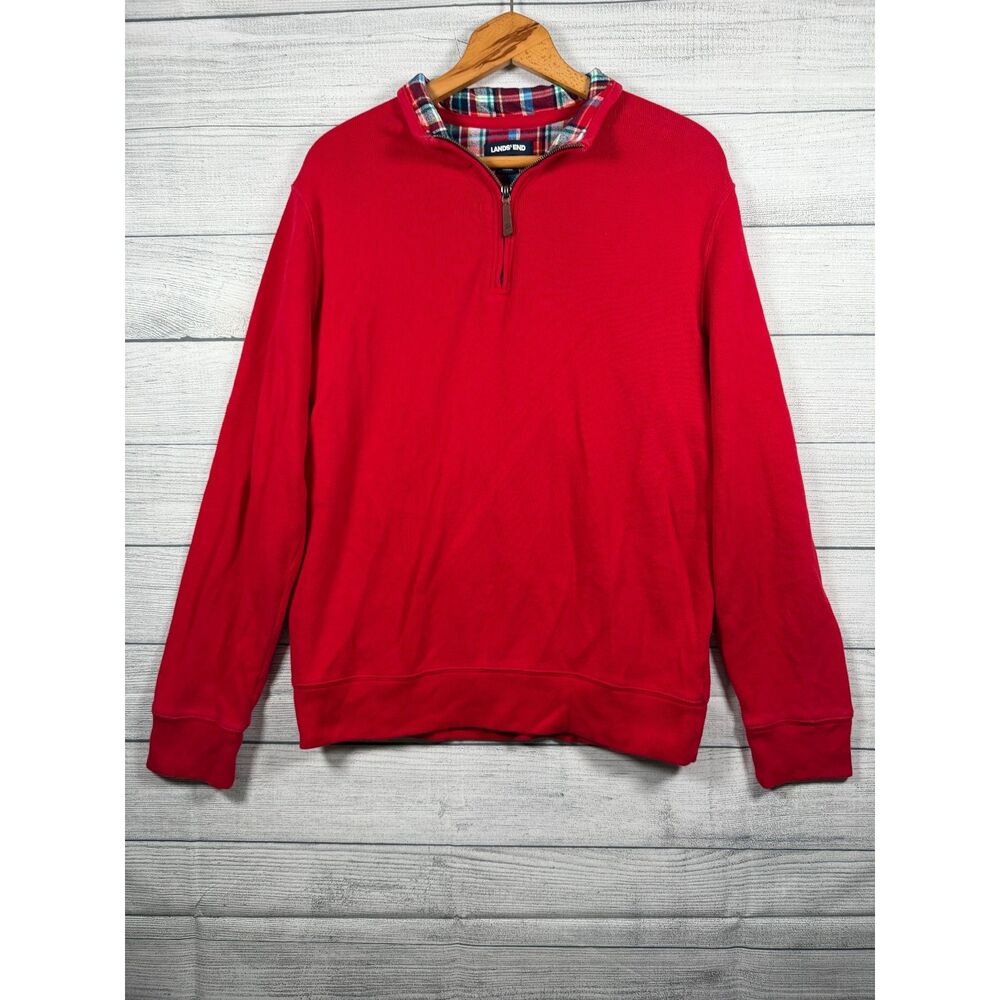 Lands’ End Men’s Medium Red Quarter Zip Plaid Collar Pullover Sweatshirt 4306